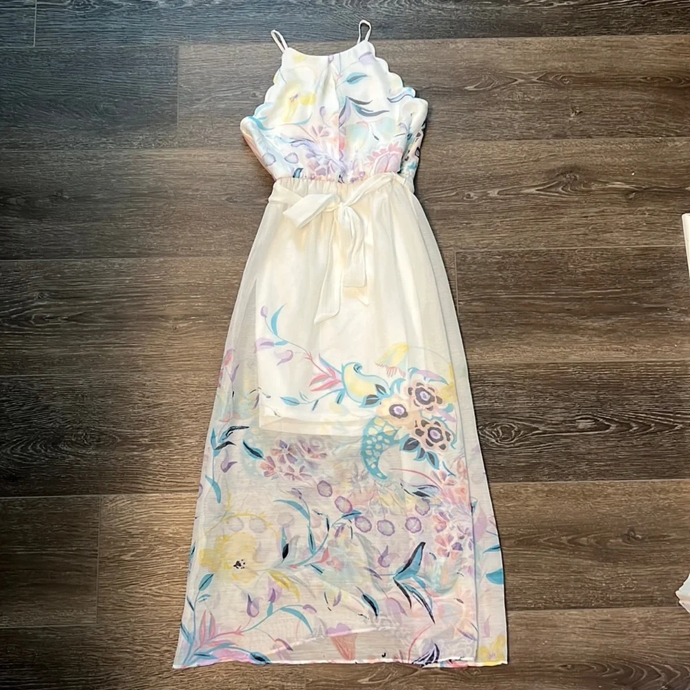 BCX Girl White Dress with Floral Overlay